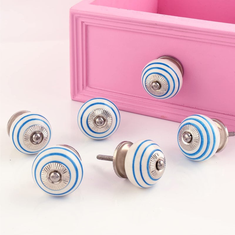 Indian-Shelf IndianShelf Pack of 6 Turquoise Drawer Knob Ceramic Dresser Knob Round Door Handles Stripe Drawer Pull Door Pull Dresser Pulls and Knobs Vintage Cabinet Cup Pulls Cupboard Knobs 