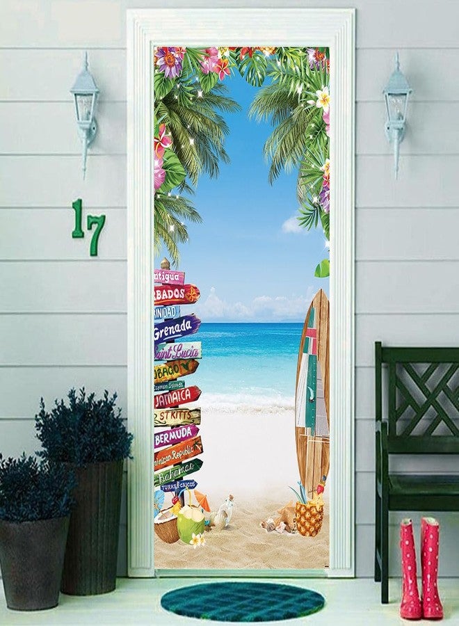 DOTOOMA 35.4 x 72.8 Inches Summer Tropical Beach Seaside Door Banner Supplies Hawaiian Floral Lead Sign Seaside Party Surf Baby Shower Kids Cake Table Banner Shooting Backgrounds - Image 1