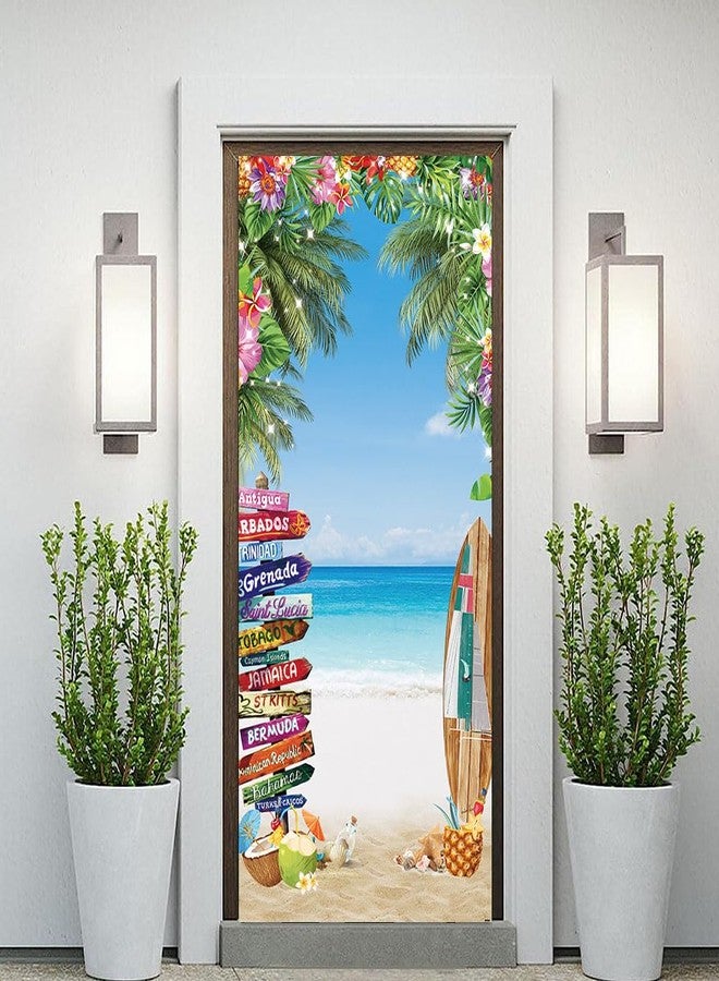 DOTOOMA 35.4 x 72.8 Inches Summer Tropical Beach Seaside Door Banner Supplies Hawaiian Floral Lead Sign Seaside Party Surf Baby Shower Kids Cake Table Banner Shooting Backgrounds - Image 3