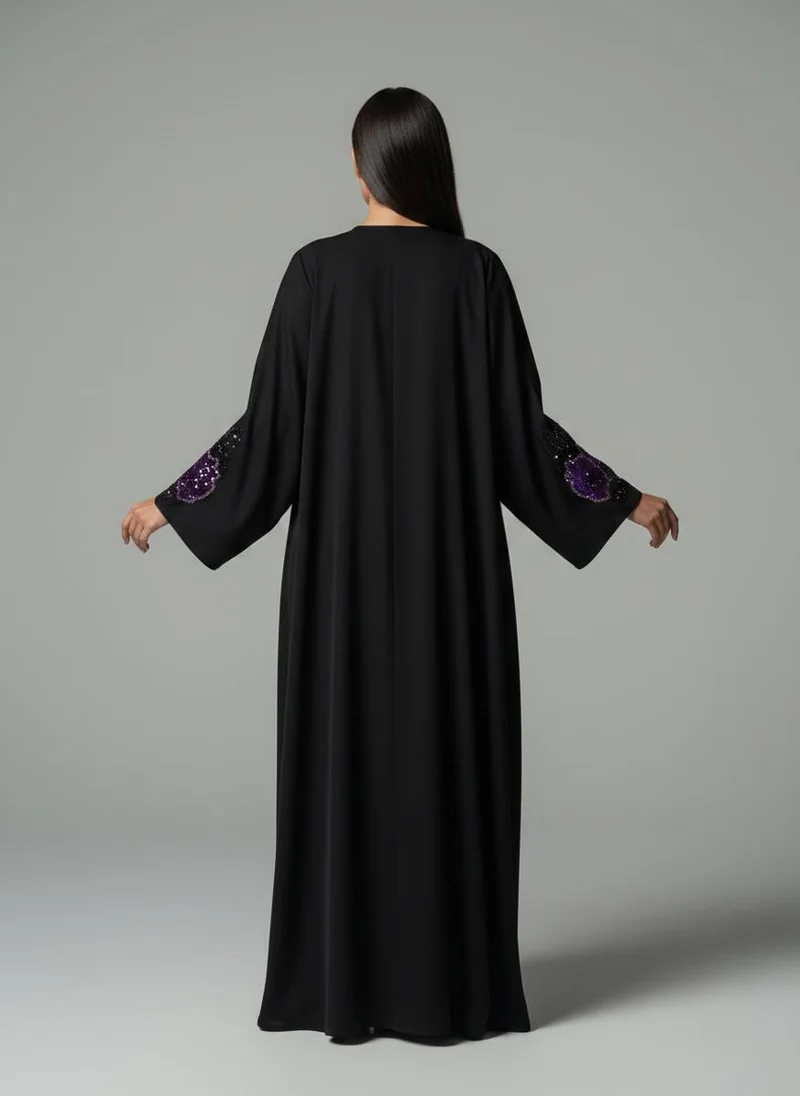 MSquare Fashion  Luxe Black Korean Nida Abaya I Purple Sequin Floral Handwork with Chiffon Headscarf for Women | Best Price UAE