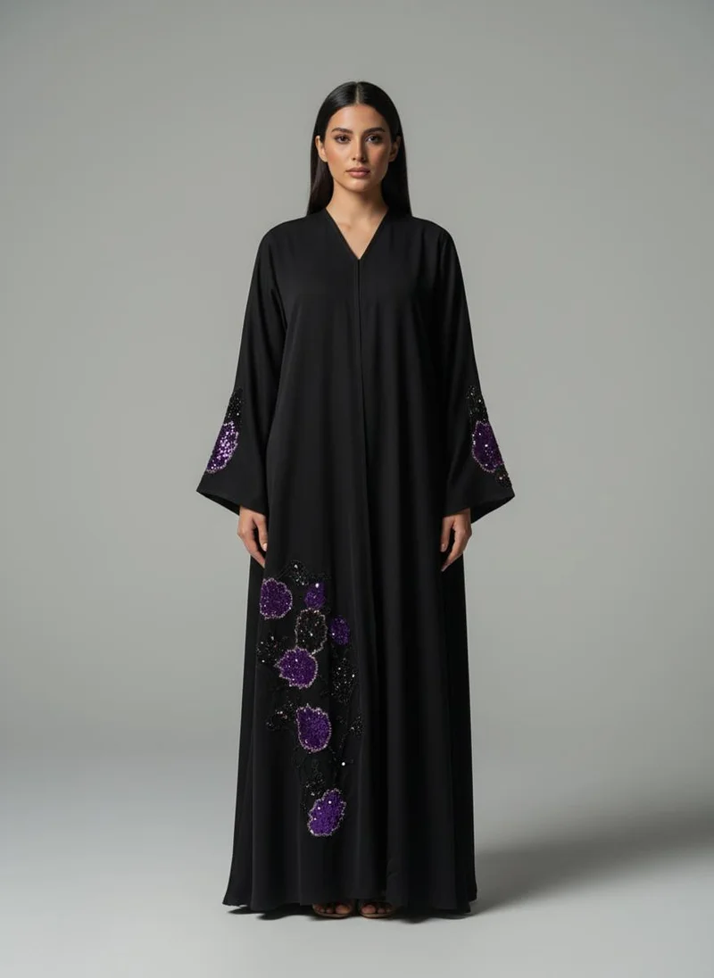 MSquare Fashion  Luxe Black Korean Nida Abaya I Purple Sequin Floral Handwork with Chiffon Headscarf for Women | Best Price UAE