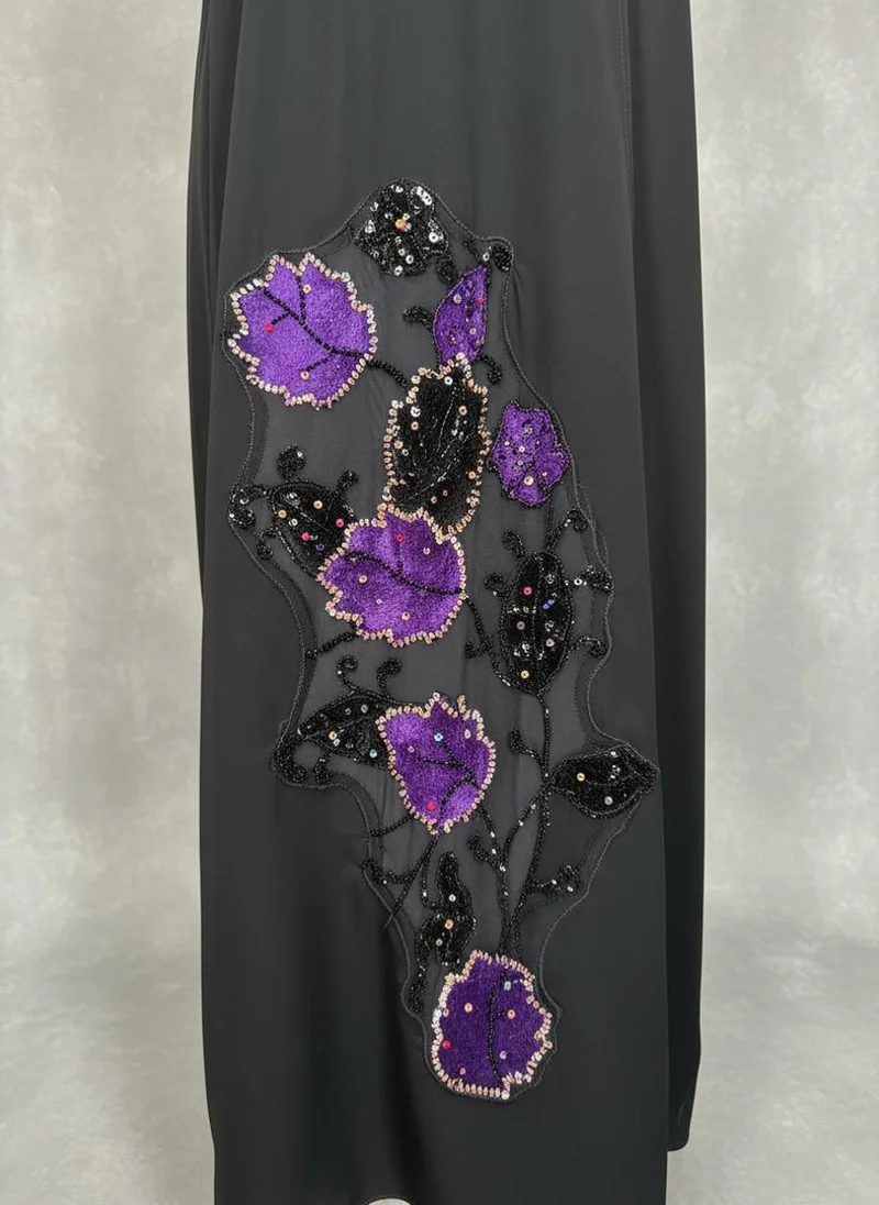 أم سكوير فاشن Luxe Black Korean Nida Abaya I Purple Sequin Floral Handwork with Chiffon Headscarf
