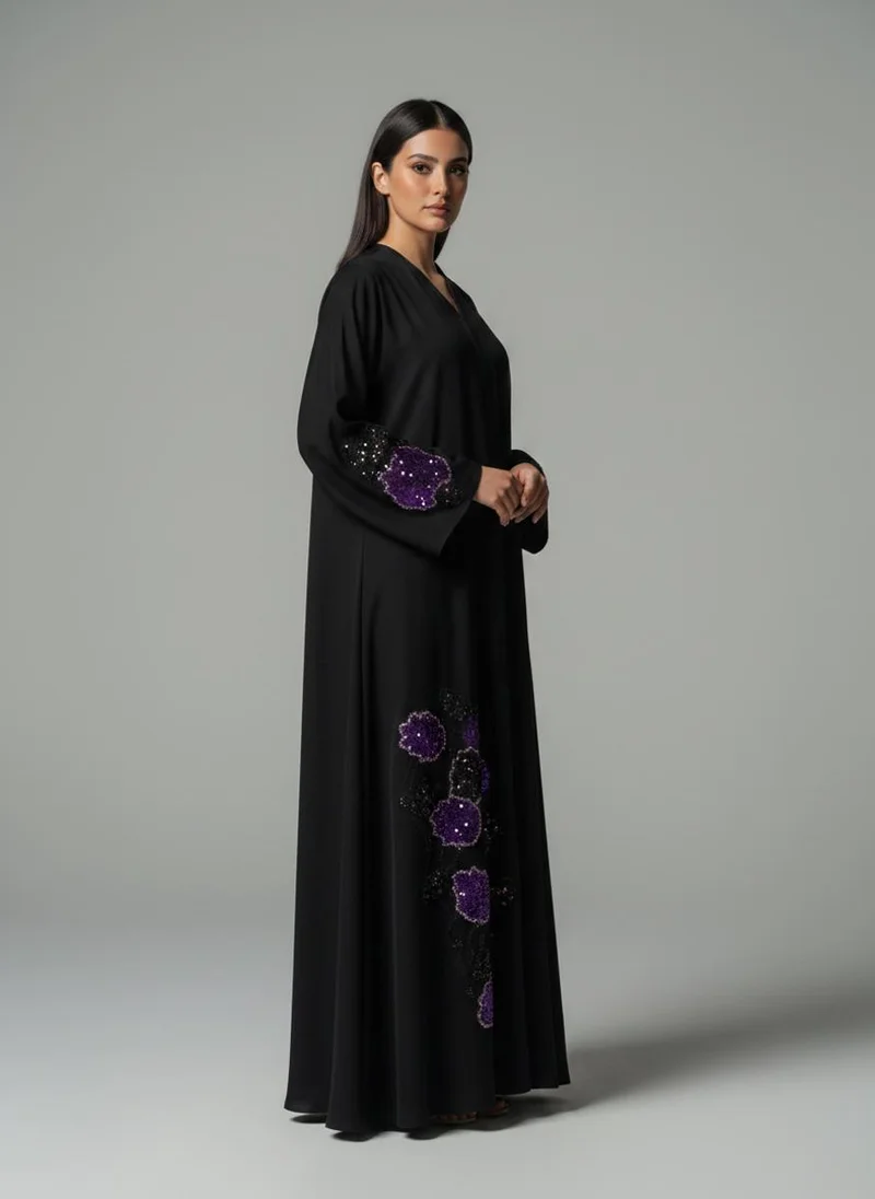 أم سكوير فاشن Luxe Black Korean Nida Abaya I Purple Sequin Floral Handwork with Chiffon Headscarf
