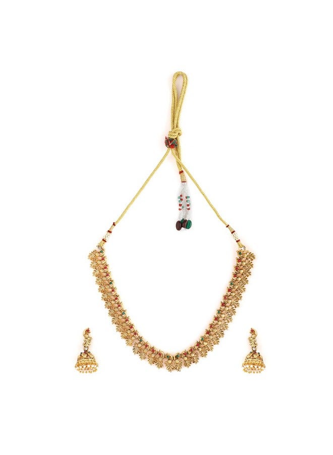 Rubans 22k Gold-Plated Red & Green Stone Studded Handcrafted Traditional Temple Jewellery Set For Women - Image 1
