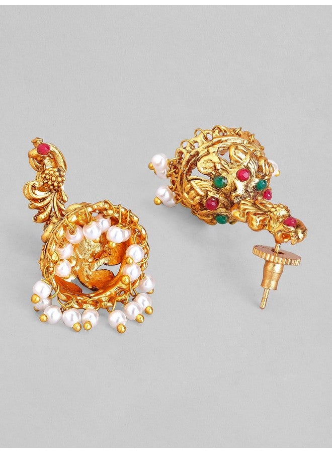 Rubans 22k Gold-Plated Red & Green Stone Studded Handcrafted Traditional Temple Jewellery Set For Women - Image 3