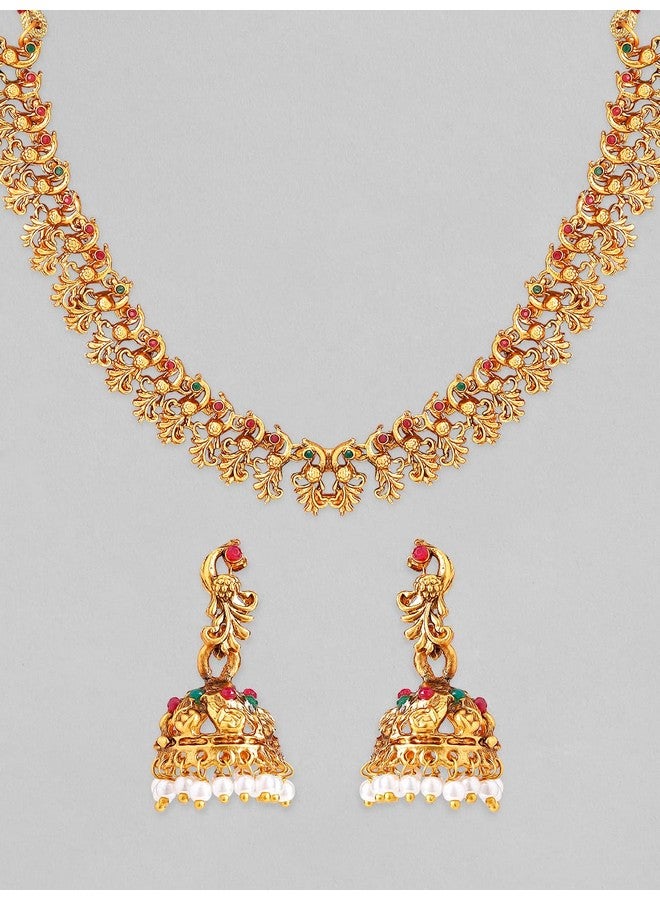 Rubans 22k Gold-Plated Red & Green Stone Studded Handcrafted Traditional Temple Jewellery Set For Women - Image 2