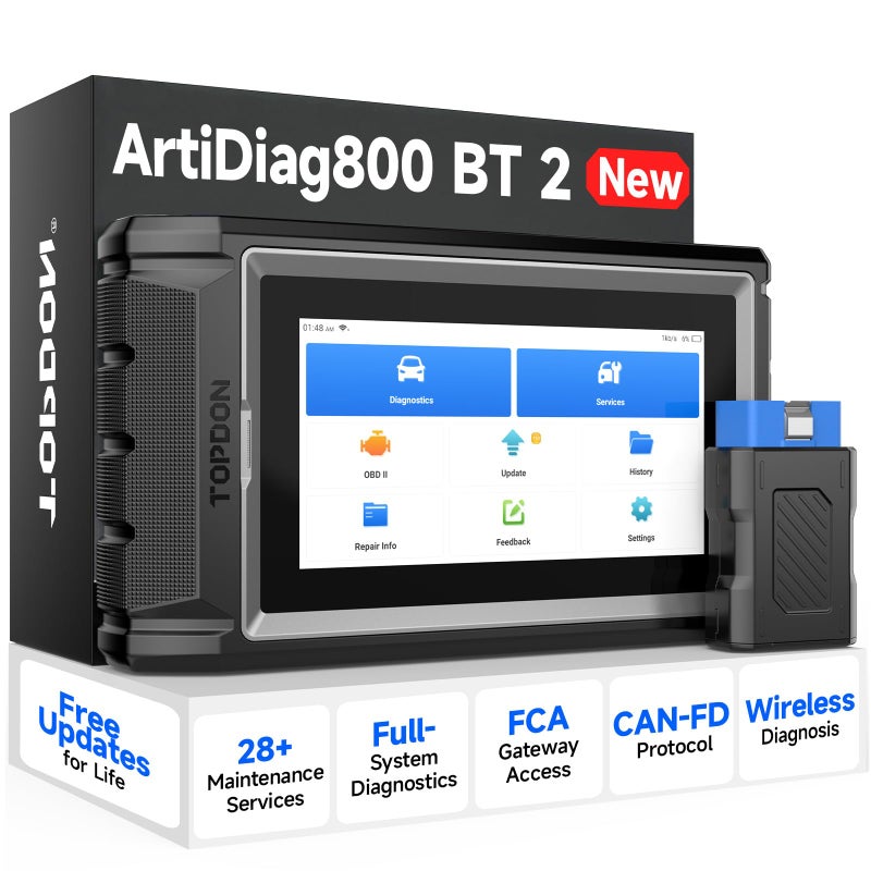 Topdon أداة تشخيص TOPDON ArtiDiag800 BT 2 OBD2 لجميع الأنظمة مع أكثر من 28 وظيفة صيانة، وصول إلى بوابة FCA وبروتوكول CAN FD، تشخيصات بلوتوث لاسلكية، تحديثات مدى الحياة مشمولة - Image 1