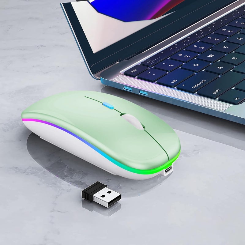 فأرة لاسلكية بلوتوث قابلة لإعادة الشحن لأجهزة الكمبيوتر المحمولة مع أضواء LED هادئة ونحيفة (BT5.2 ومستقبل USB محمول 2.4G) فأرة كمبيوتر ثنائية الوضع لأجهزة الكمبيوتر المحمولة / iPad / Tablet / Apple / Computer / Mac (أخضر) - Image 3