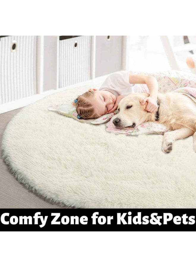 Fluffy Round Rug,23.6×23.6 Inch Soft Fuzzy Plush Circle Carpet, Non-Slip Round Floor Mat for Kids Nursery,Teen Bedroom and Home Indoor Decoration,Ivory - Image 3