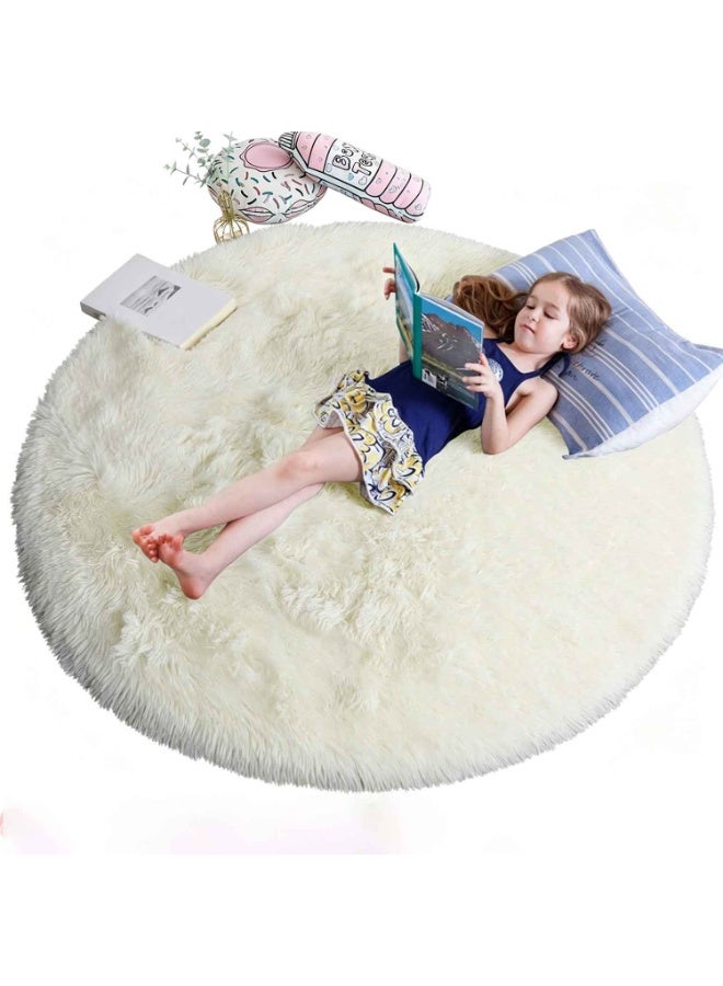 Fluffy Round Rug,23.6×23.6 Inch Soft Fuzzy Plush Circle Carpet, Non-Slip Round Floor Mat for Kids Nursery,Teen Bedroom and Home Indoor Decoration,Ivory - Image 1