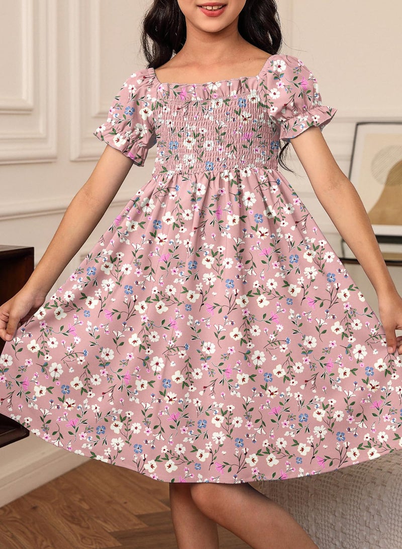 blibean Girls Summer Dresses Tween Kids Boho Clothes Floral Dress Casual Flower Short Sleeve Ruffled Clothing Vestidos NiÃ±as Size 8-9 Years Large Red - Image 2