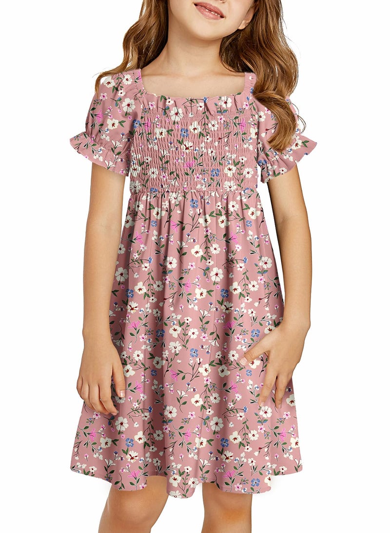 blibean Girls Summer Dresses Tween Kids Boho Clothes Floral Dress Casual Flower Short Sleeve Ruffled Clothing Vestidos NiÃ±as Size 8-9 Years Large Red - Image 1