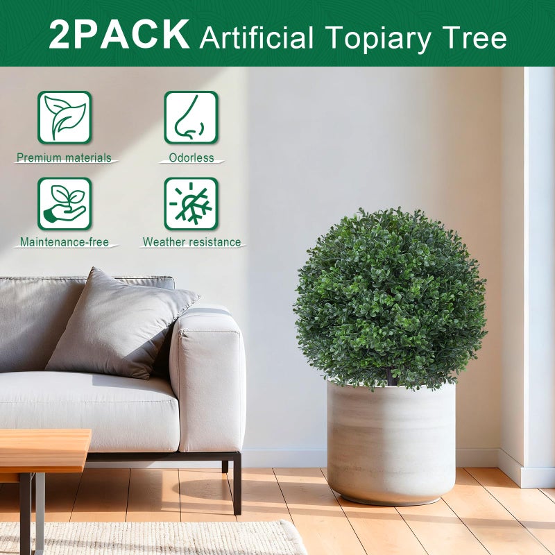 EverNature 2Pack Artificial Boxwood Topiary Ball Trees,16''UV Resistant Fake Evergreen Shrubs Bushes Plants with Ground Spike, Fake Plants for Outdoor Indoor Front Porch Garden - Image 3