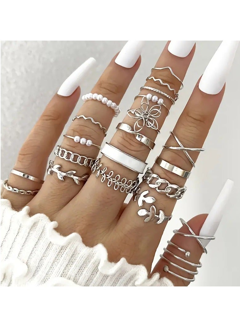 Goolsky 10pcs Chic Stacking Ring Set - Durable Alloy Construction, Trendy Chain, Leaf & Flower Designs in Golden or Silvery Finish for Everyday Fashion  - Image 1