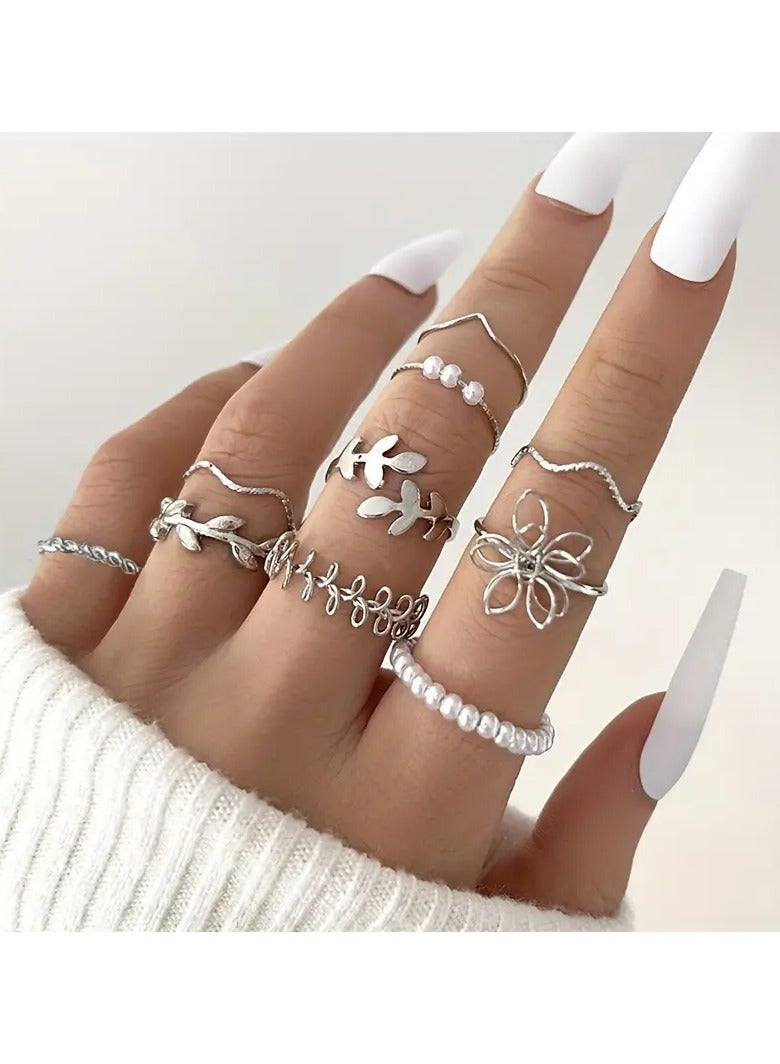 Goolsky 10pcs Chic Stacking Ring Set - Durable Alloy Construction, Trendy Chain, Leaf & Flower Designs in Golden or Silvery Finish for Everyday Fashion  - Image 2