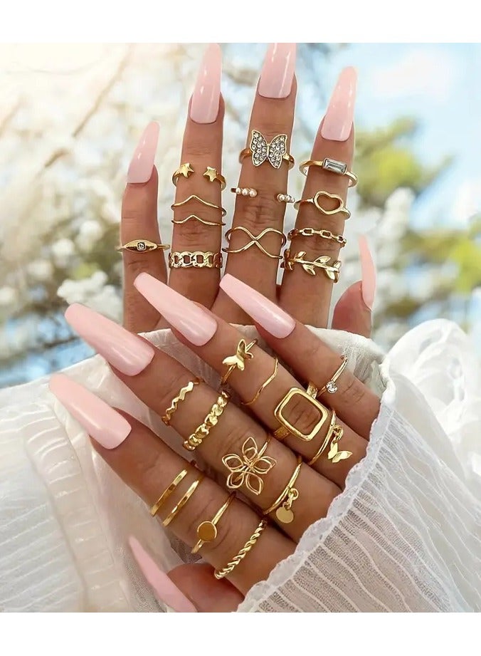 Goolsky 10pcs Chic Stacking Ring Set - Durable Alloy Construction, Trendy Chain, Leaf & Flower Designs in Golden or Silvery Finish for Everyday Fashion  - Image 5
