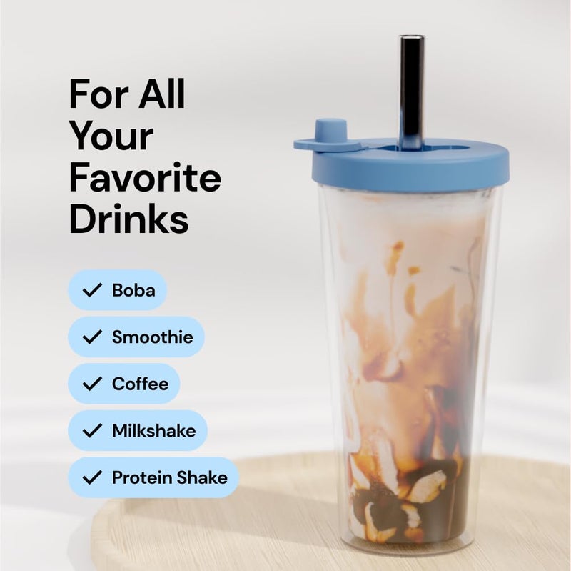 Dodoko Reusable Boba Cup and Straw Boba Tea Cup Bubble Tea Cup Reusable Iced Coffee Cup Cold Coffee Cup Smoothie Cup with Lid and Straw Smoothie Cup to go Smoothie Tumbler 17 oz - Breeze Blue - Image 5