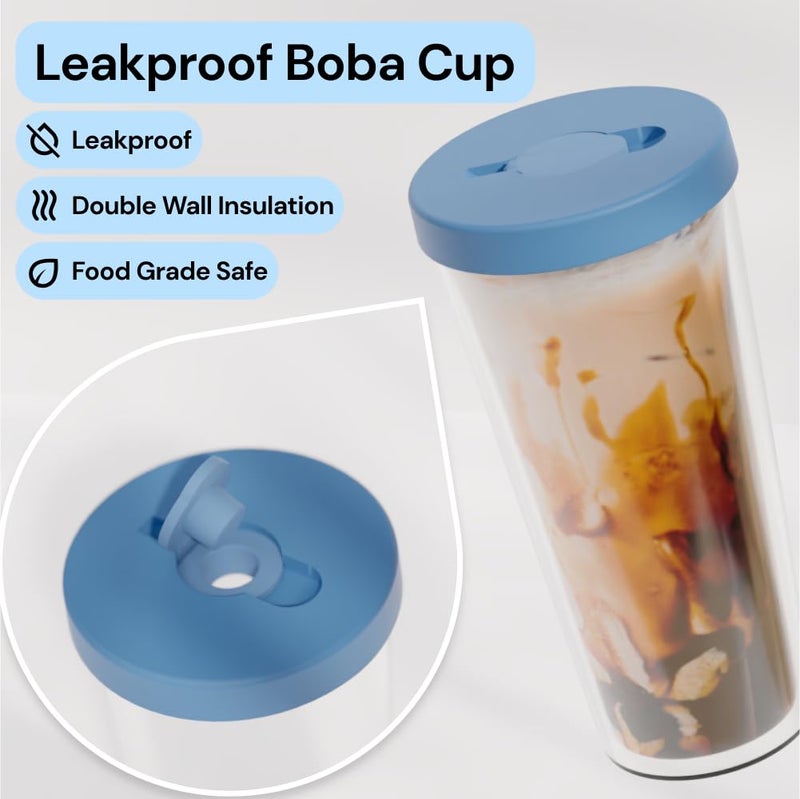 Dodoko Reusable Boba Cup and Straw Boba Tea Cup Bubble Tea Cup Reusable Iced Coffee Cup Cold Coffee Cup Smoothie Cup with Lid and Straw Smoothie Cup to go Smoothie Tumbler 17 oz - Breeze Blue - Image 2