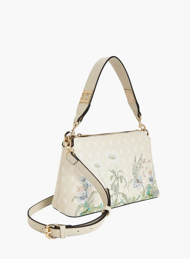ايل Floral Print Shoulder Bag with Adjustable Strap and Zip Closure