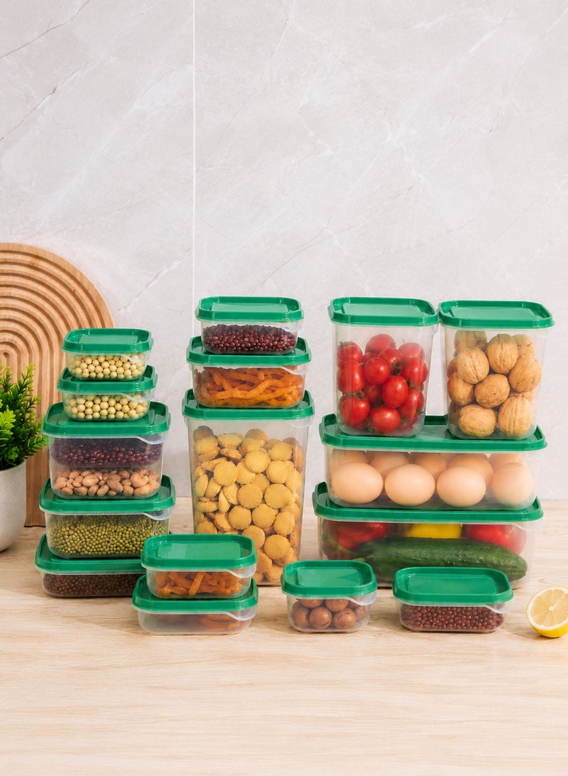 rayze This 17-piece food storage container set features clear plastic storage boxes with green sealing lids. Suitable for kitchen and refrigerator storage, these containers come in various sizes and are ideal for storing fruits, vegetables, snacks, and grains. - Image 1