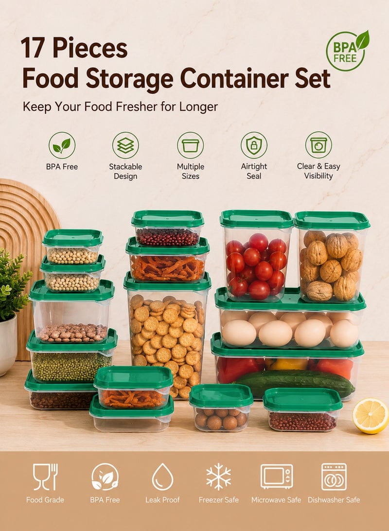 rayze This 17-piece food storage container set features clear plastic storage boxes with green sealing lids. Suitable for kitchen and refrigerator storage, these containers come in various sizes and are ideal for storing fruits, vegetables, snacks, and grains. - Image 2