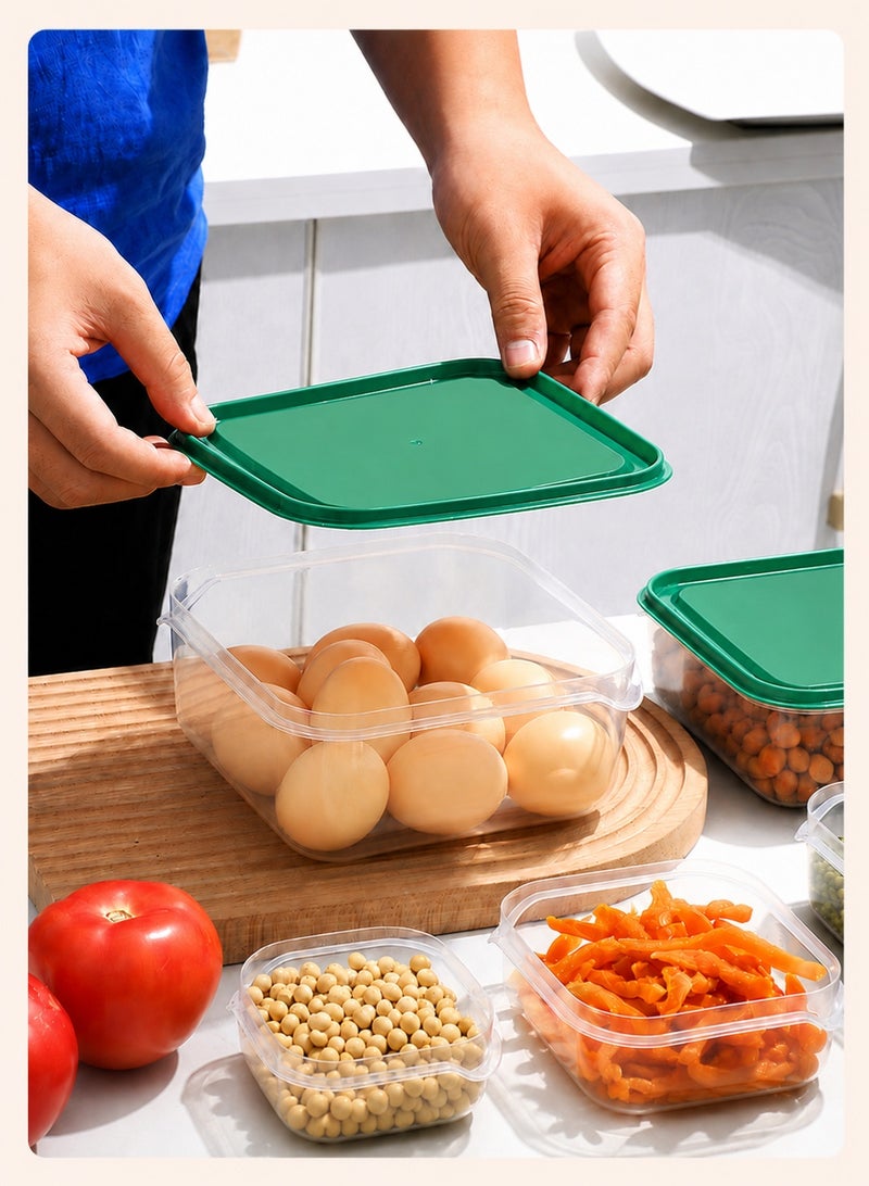 rayze This 17-piece food storage container set features clear plastic storage boxes with green sealing lids. Suitable for kitchen and refrigerator storage, these containers come in various sizes and are ideal for storing fruits, vegetables, snacks, and grains. - Image 4
