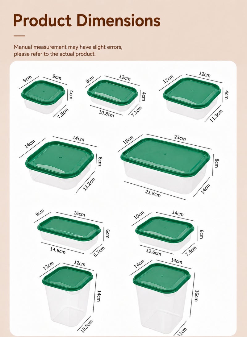 rayze This 17-piece food storage container set features clear plastic storage boxes with green sealing lids. Suitable for kitchen and refrigerator storage, these containers come in various sizes and are ideal for storing fruits, vegetables, snacks, and grains. - Image 5