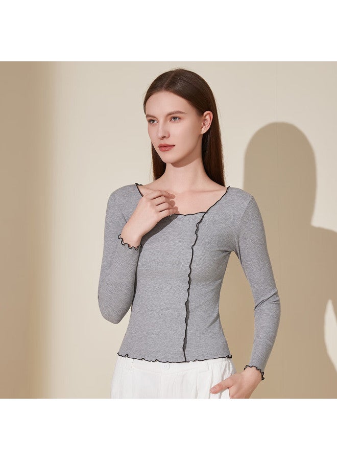 Dingguagua Women's Thermal Underwear Cotton Ribbed Ruffled Large Round Neck Light Gray 170