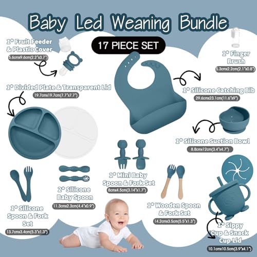 Catvegue Baby Led Weaning Supplies 17 Piece BPAFree Silicone Feeding Set Eating Essentials Baby Utensils with Suction Plate and Bowl Pocket Bib Sippy Cup with Lid for 6 Months Blue - Image 3