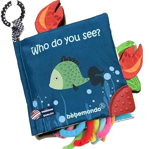 Bebe Mondo Fish Baby Book 0-6 Months,Touch Feel Cloth Crinkle Books for Babies,Infant Baby Toys 6-12 Months,Learning Education Soft Sensory Mirror Toy,Shower Gifts Easter for Boys Girls-Teether - Image 1
