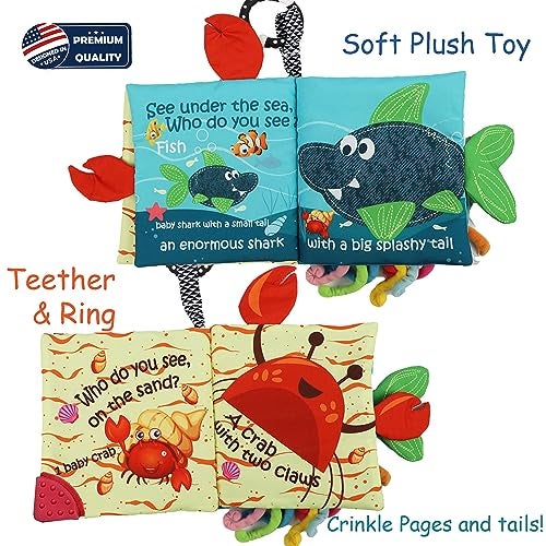 Bebe Mondo Fish Baby Book 0-6 Months,Touch Feel Cloth Crinkle Books for Babies,Infant Baby Toys 6-12 Months,Learning Education Soft Sensory Mirror Toy,Shower Gifts Easter for Boys Girls-Teether - Image 2