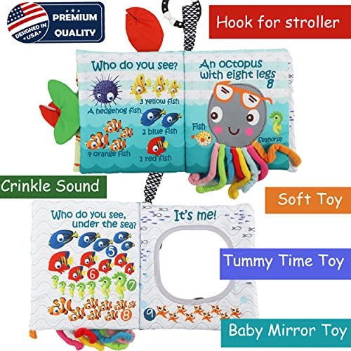 Bebe Mondo Fish Baby Book 0-6 Months,Touch Feel Cloth Crinkle Books for Babies,Infant Baby Toys 6-12 Months,Learning Education Soft Sensory Mirror Toy,Shower Gifts Easter for Boys Girls-Teether - Image 3