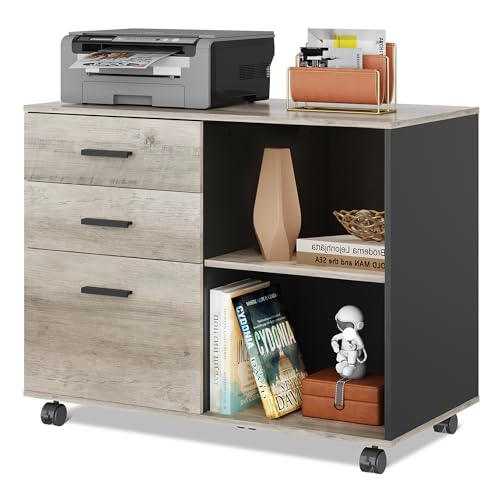 DEVAISE خزانة ملفات متحركة من ديفايز 3 أدراج، خزانة ملفات جانبية خشبية، حامل طابعة مع رفوف مفتوحة للمكتب المنزلي، رمادي فاتح