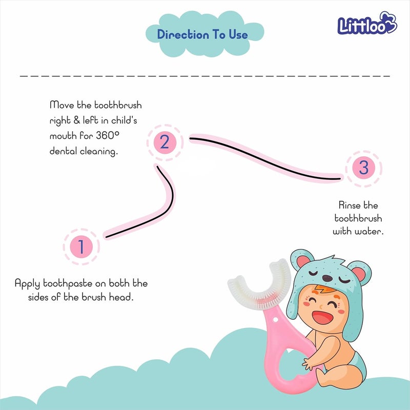 LITTLOO Baby U -Shaped Silicone Manual Tooth Brush With Soft & Elastic Bristles For Complete 360 Degree Dental Cleaning, Specially Designed For Toddlers & Children - (Pink) - Image 5