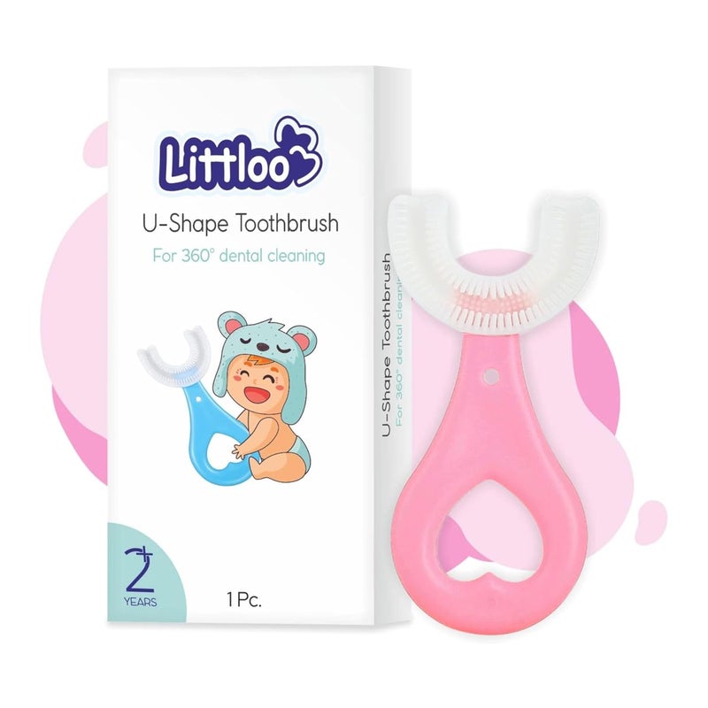 LITTLOO Baby U -Shaped Silicone Manual Tooth Brush With Soft & Elastic Bristles For Complete 360 Degree Dental Cleaning, Specially Designed For Toddlers & Children - (Pink) - Image 1