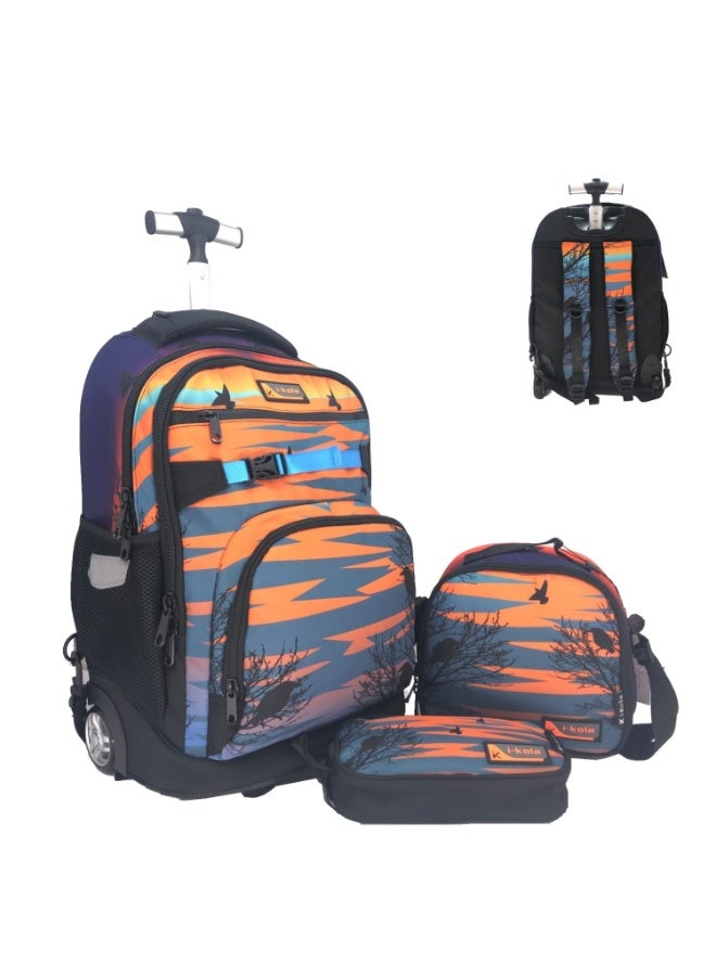 i-kola Scenery 18" 3PC Trolley Bag Set For Girsl & Boys | Rolling School Bag With Spill-Proof Lunch Bag, Single-Zip Pencil Case | Telescopic Handle | Travel-Friendly School Luggage (IK952-18TR3)  - Image 1