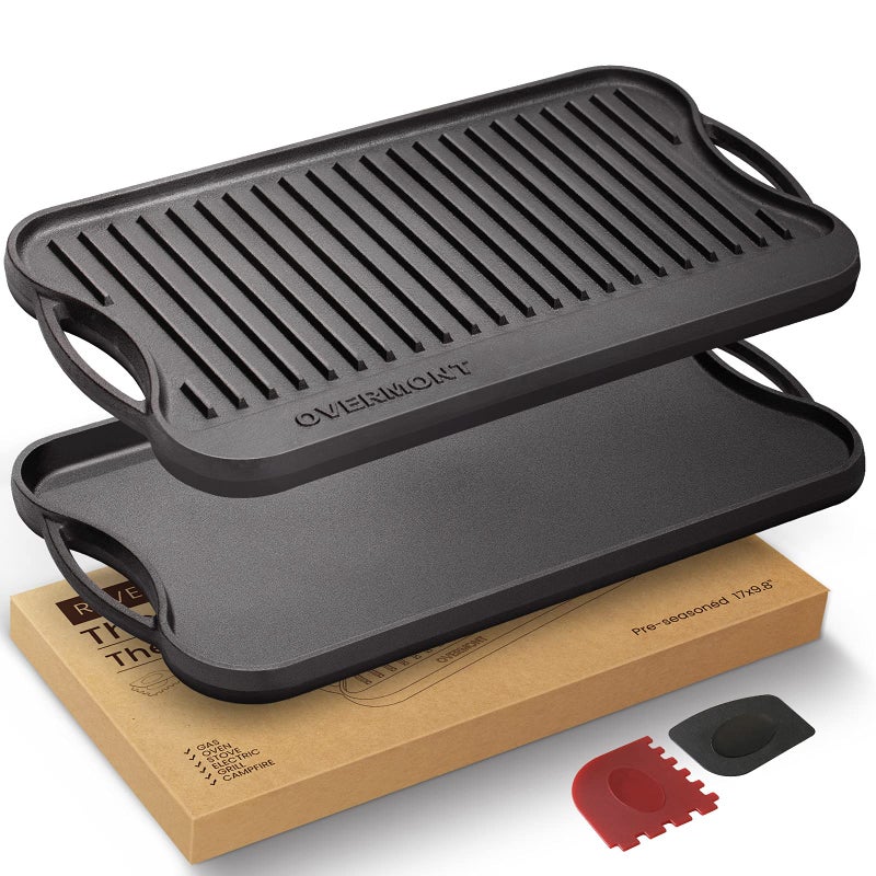 Overmont Preseasoned 17x98 Cast Iron Reversible Griddle Grill Pan with handles for Gas Stovetop Open Fire Oven One tray Scrapers Included
