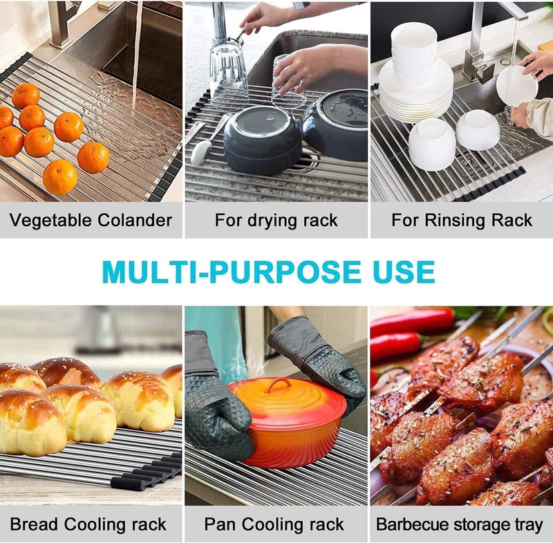SCILLA Foldable Stainless Steel Drain Rack / Kitchen Sink Roll up Dish Drying Rack / Portable Dish Drainer Rack for Crockery, Utensils, Fruits, Vegetables, Etc. (Multi-Colour) - Image 4