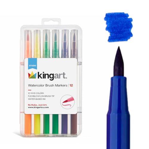KINGART 'Watercolor-Effect' Brush Markers, 12 Colors - Brightly Colored Markers, Journaling, Lettering, Kids and Adult Coloring Books, and More, Convenient Carrying Case - Image 1