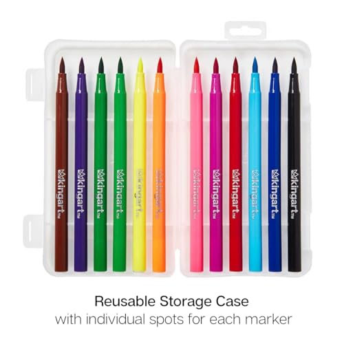 KINGART 'Watercolor-Effect' Brush Markers, 12 Colors - Brightly Colored Markers, Journaling, Lettering, Kids and Adult Coloring Books, and More, Convenient Carrying Case - Image 4