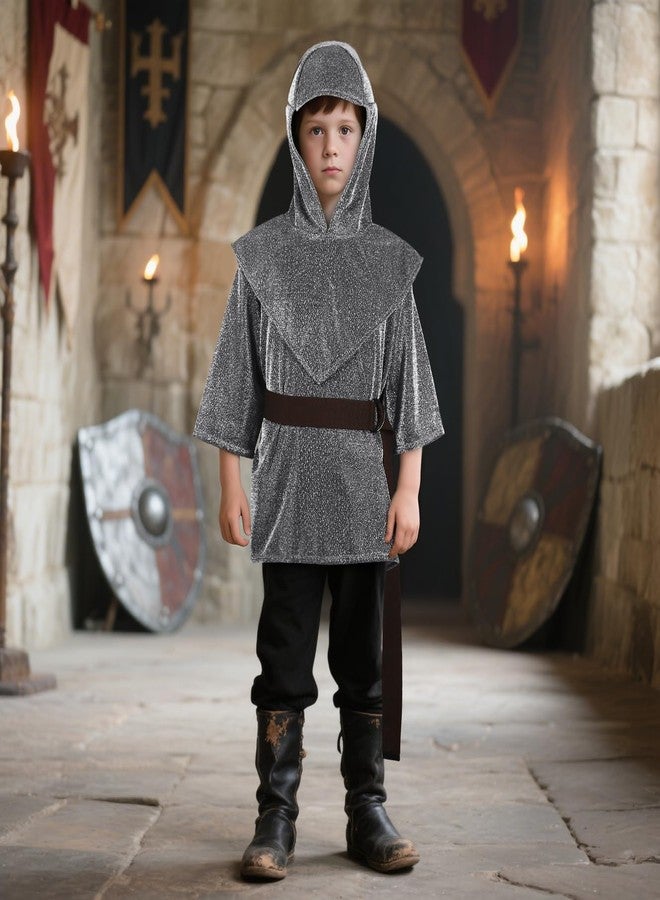 UQJE Kids Renaissance Imitative Chain Mail Shirt with Coif Medieval Knight Costume Armor Tunic Costume Belt Set - Image 3