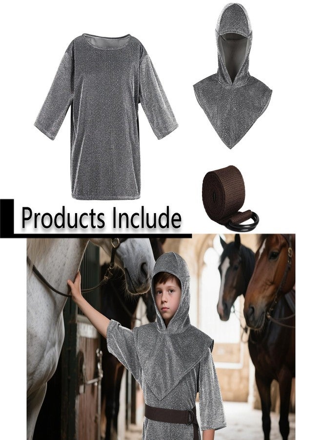UQJE Kids Renaissance Imitative Chain Mail Shirt with Coif Medieval Knight Costume Armor Tunic Costume Belt Set - Image 2
