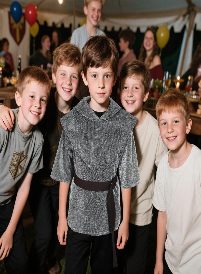 UQJE Kids Renaissance Imitative Chain Mail Shirt with Coif Medieval Knight Costume Armor Tunic Costume Belt Set - Image 4