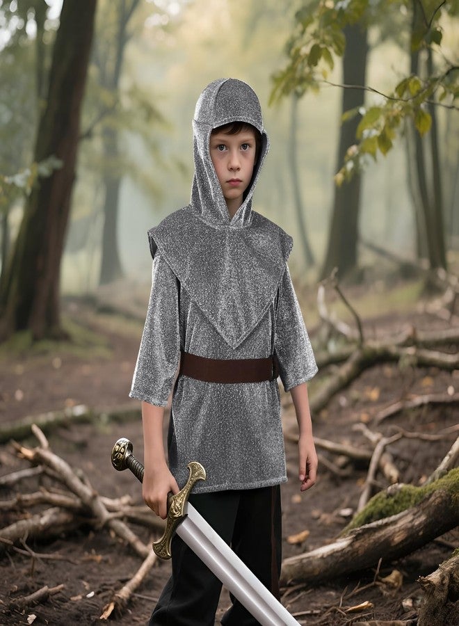 UQJE Kids Renaissance Imitative Chain Mail Shirt with Coif Medieval Knight Costume Armor Tunic Costume Belt Set - Image 5