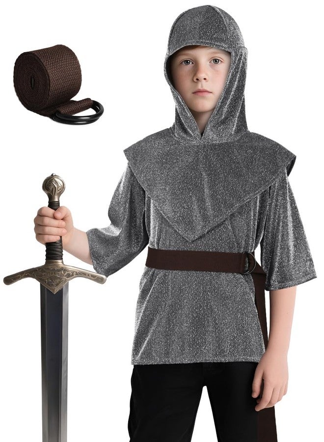 UQJE Kids Renaissance Imitative Chain Mail Shirt with Coif Medieval Knight Costume Armor Tunic Costume Belt Set - Image 1