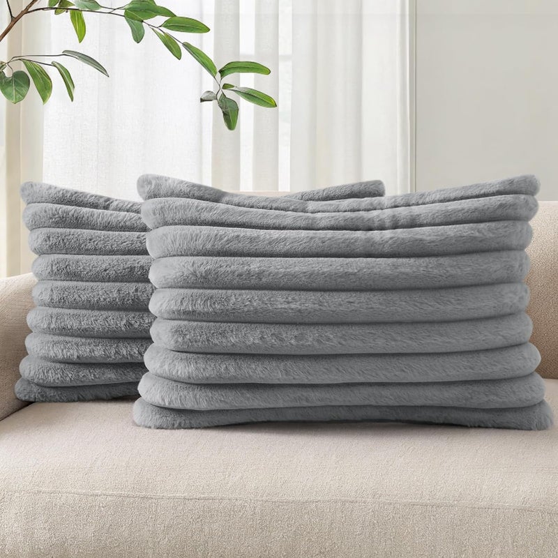 Pallene Faux Fur Plush Lumbar Throw Pillow Covers 12x20 Set of 2, Luxury Soft Fluffy Striped Decorative Pillow Covers for Sofa, Couch, Living Room, Grey - Image 1