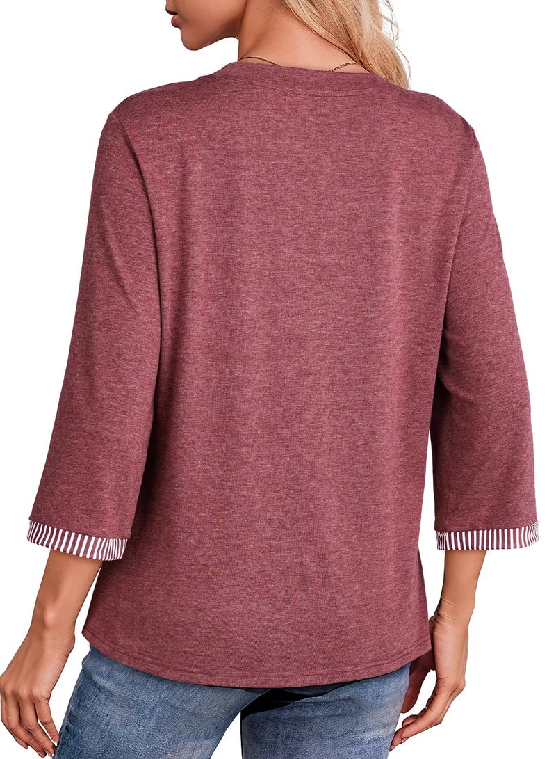 Dokotoo Red 3/4 Length Sleeve Womens Tops Crewneck Fashion Trendy Summer Shirts for Women 2026 Spring Business Casual Workout Comfy Lightweight Outfit Ladies Tops and Blouses Burgundy X-Large - Image 4