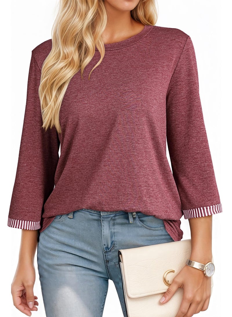 Dokotoo Red 3/4 Length Sleeve Womens Tops Crewneck Fashion Trendy Summer Shirts for Women 2026 Spring Business Casual Workout Comfy Lightweight Outfit Ladies Tops and Blouses Burgundy X-Large - Image 2