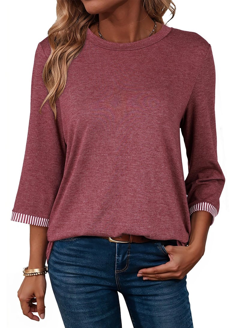 Dokotoo Red 3/4 Length Sleeve Womens Tops Crewneck Fashion Trendy Summer Shirts for Women 2026 Spring Business Casual Workout Comfy Lightweight Outfit Ladies Tops and Blouses Burgundy X-Large - Image 1