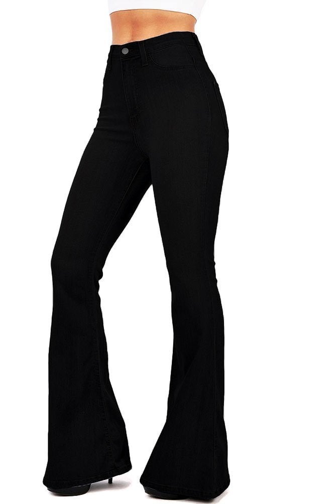Vibrant Women's Juniors Bell Bottom High Waist Fitted Denim Jeans,Jet Black Denim,13 - Image 3